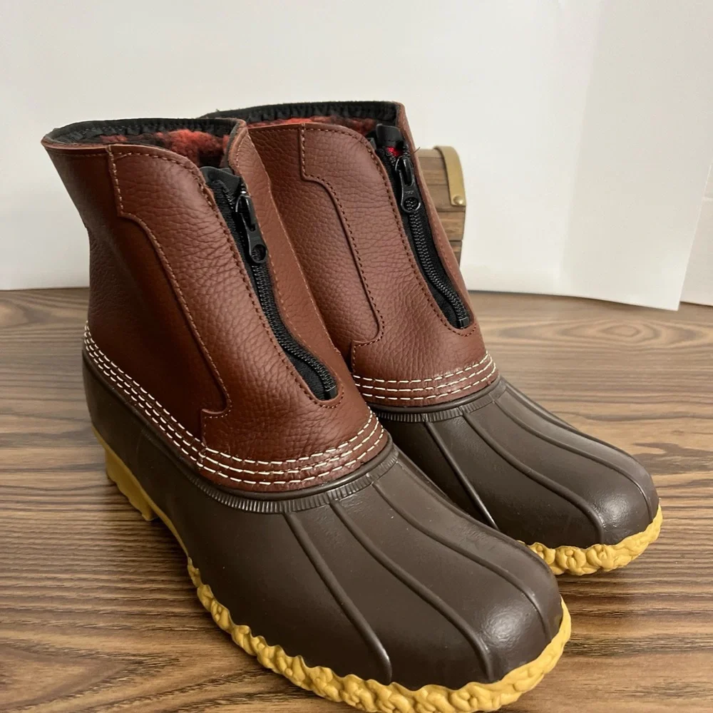 LL Bean Brown Leather 7" Front Zip Fleece Lined Insulated Duck Boots Women sz 9 - Picture 9 of 12